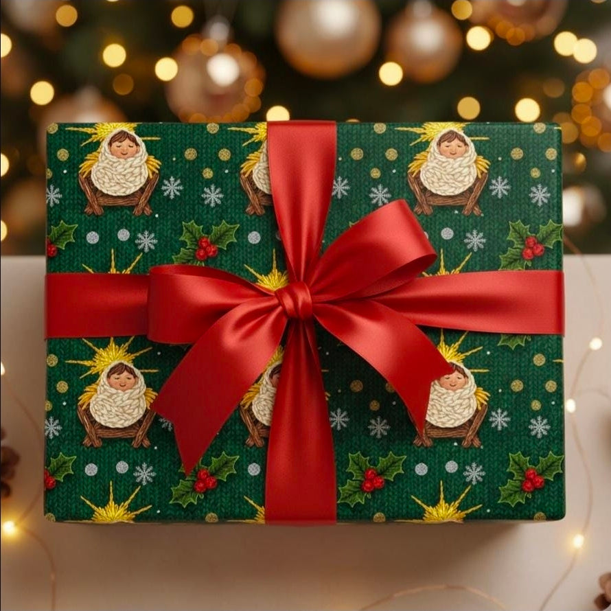 Baby Jesus Knit Wrapping Paper | Christmas Pattern on Green