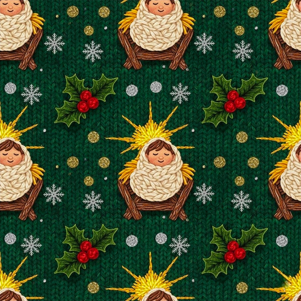 Baby Jesus Knit Wrapping Paper | Christmas Pattern on Green