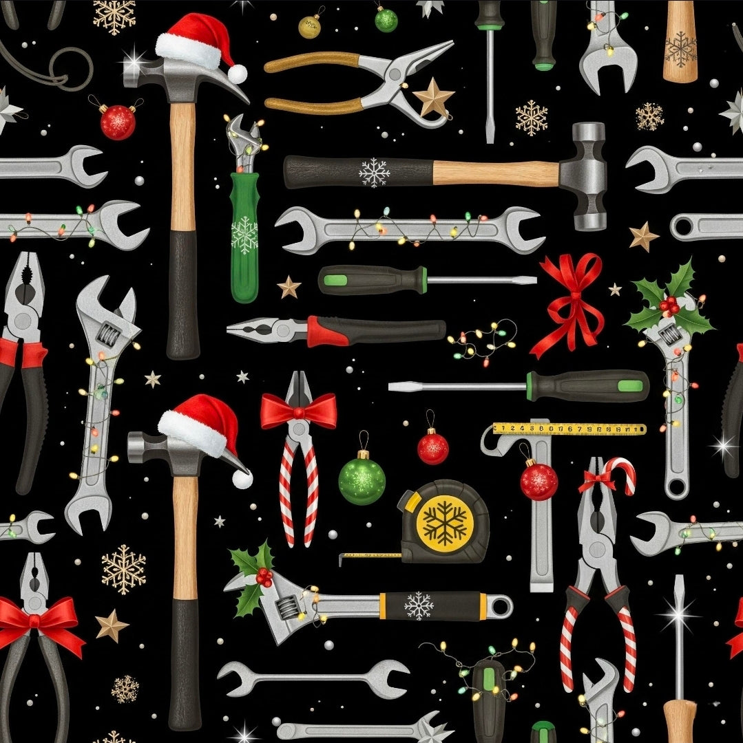 Mens Tools Wrapping Paper, Funny Christmas Gift Wrap with Wrenches, Hammers and Tools in Holiday Lights, Gag Xmas Packaging