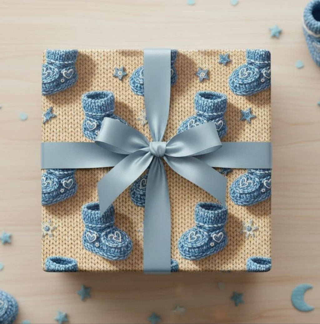 Knitted Wrapping Paper, Baby Shower Gift Wrap, Baby Boy Booties Design, Blue Gift Wrap Paper, Cute Baby Shower Wrap