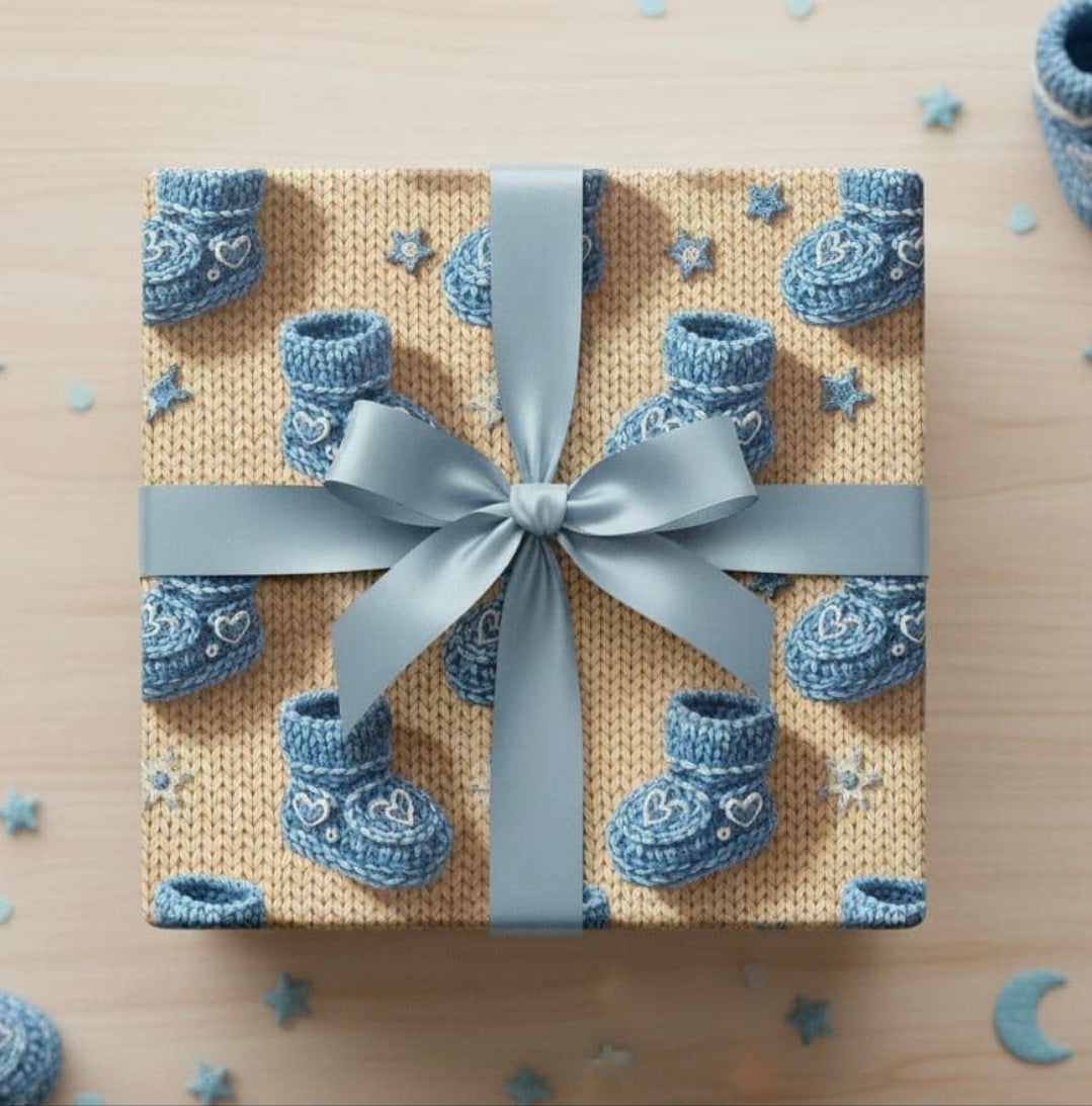 Knitted Wrapping Paper, Baby Shower Gift Wrap, Baby Boy Booties Design, Blue Gift Wrap Paper, Cute Baby Shower Wrap