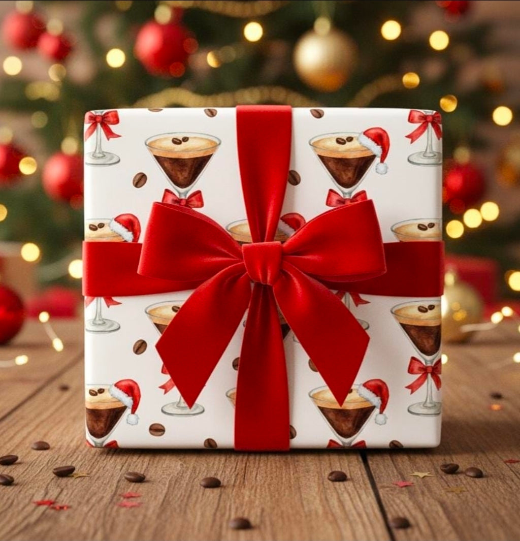 Espresso Martini Wrapping Paper | Cute Christmas Cocktail Gift Wrap | Santa Hat Drinks | Holiday Party Wrap | Festive Modern Xmas Paper