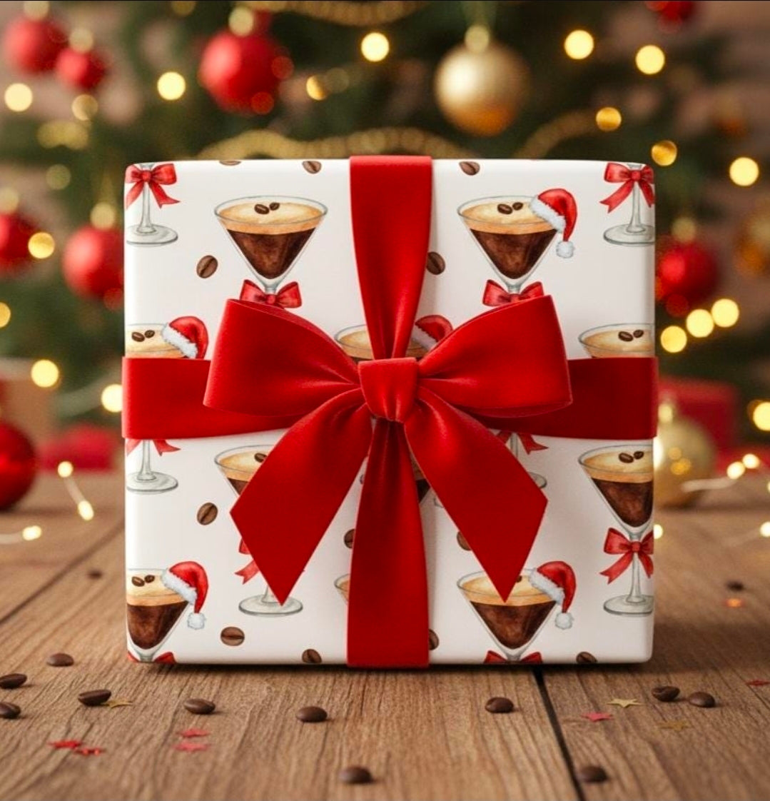 Espresso Martini Wrapping Paper | Cute Christmas Cocktail Gift Wrap | Santa Hat Drinks | Holiday Party Wrap | Festive Modern Xmas Paper