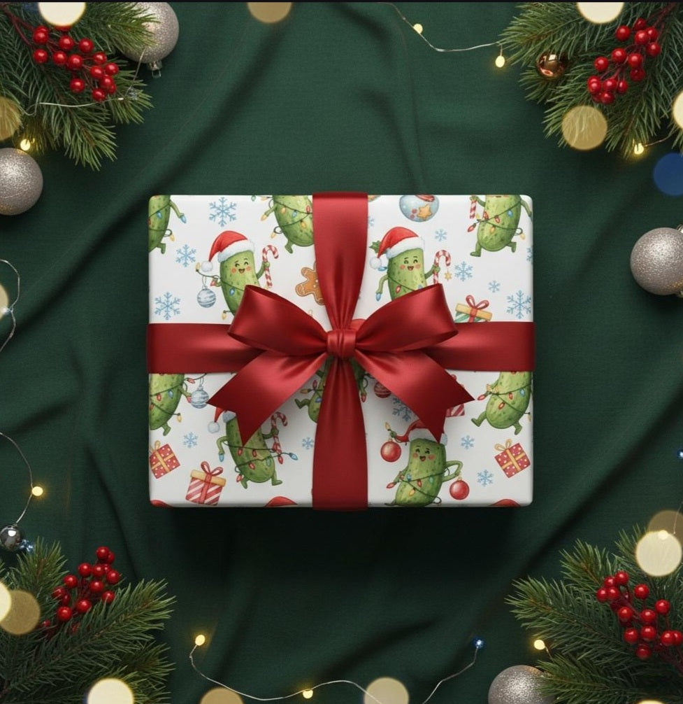 Funny Pickle Christmas Wrapping Paper | Cute Holiday Gift Wrap | Festive Foodie Xmas Paper | Silly Gag Gift Wrap | Quirky Christmas Decor