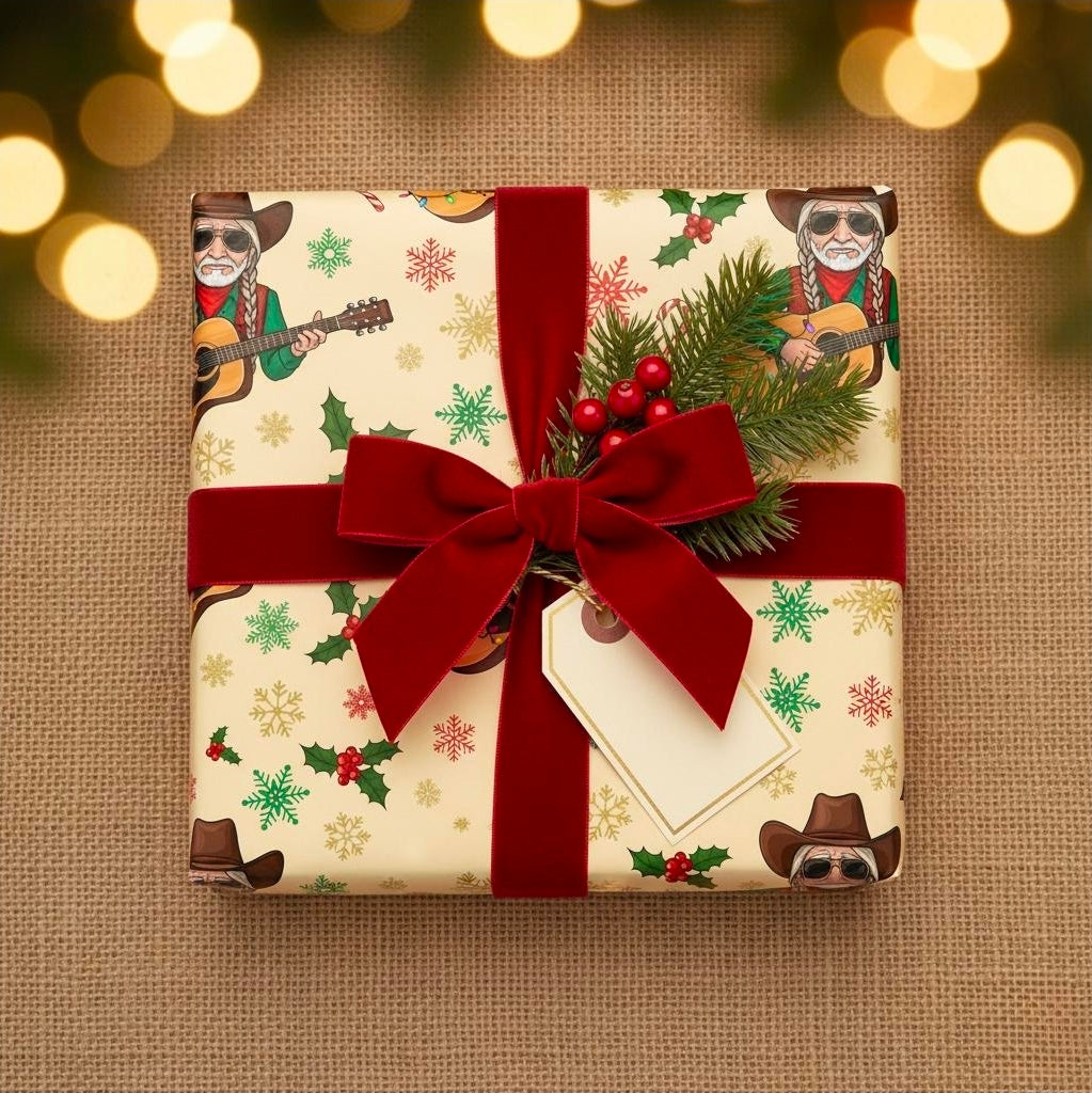Wrapping Papers, Vintage Cowboy Santa Gift Wrap, Christmas Holiday Decoration, Western Theme, Guitar and Sunglasses, Country Legend, Festive