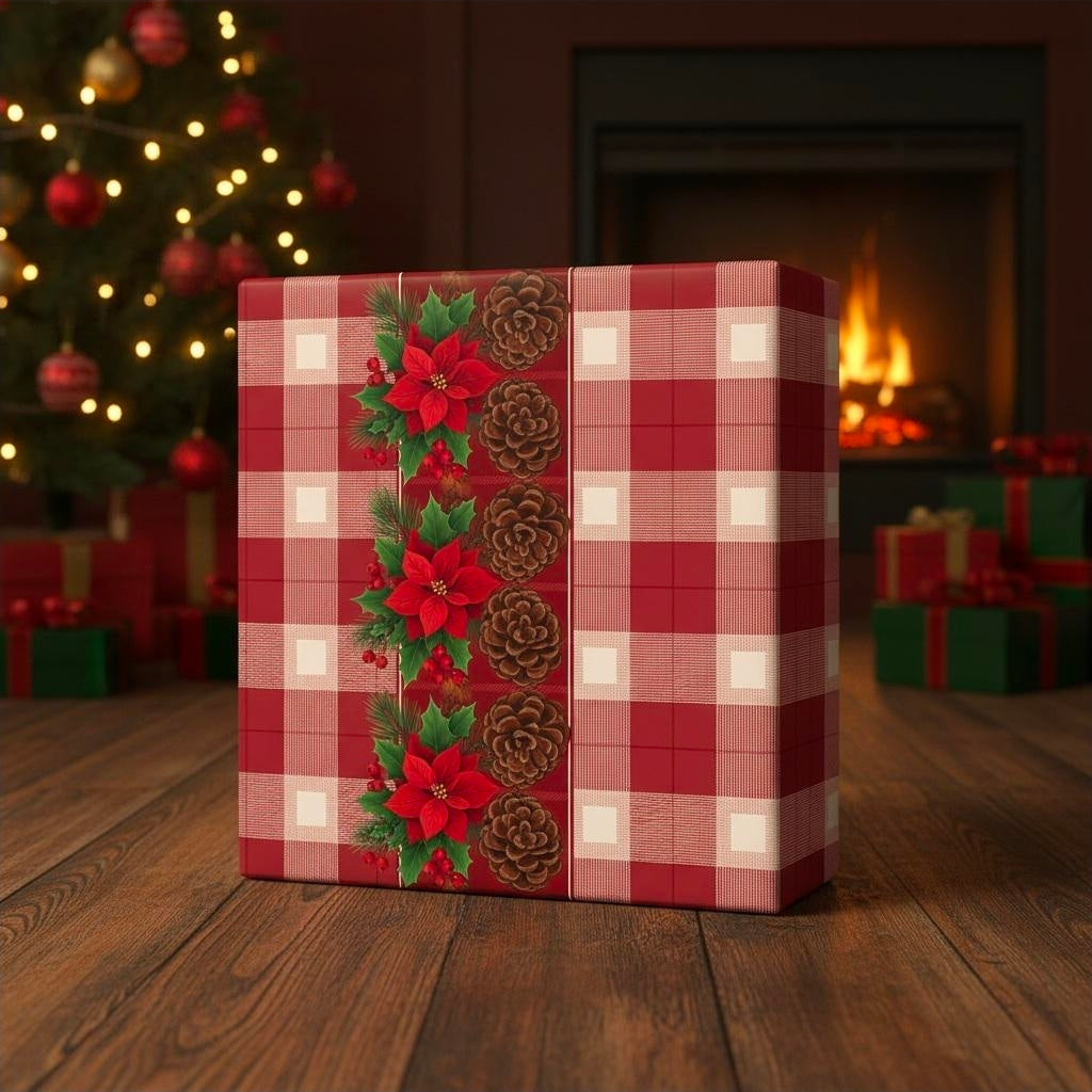 Poinsettia Pinecone Plaid Wrapping Paper