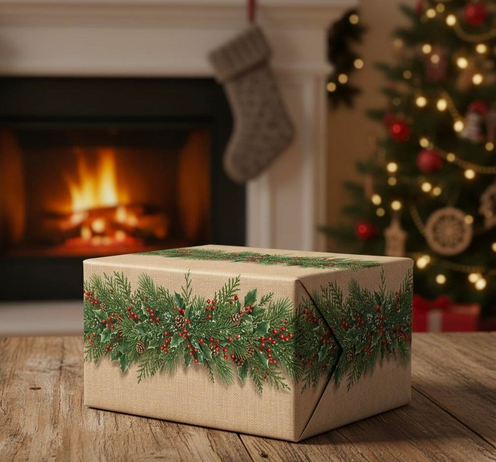 Pine Boughs & Berries Wrapping Paper | Kraft Holiday Gift Wrap Roll