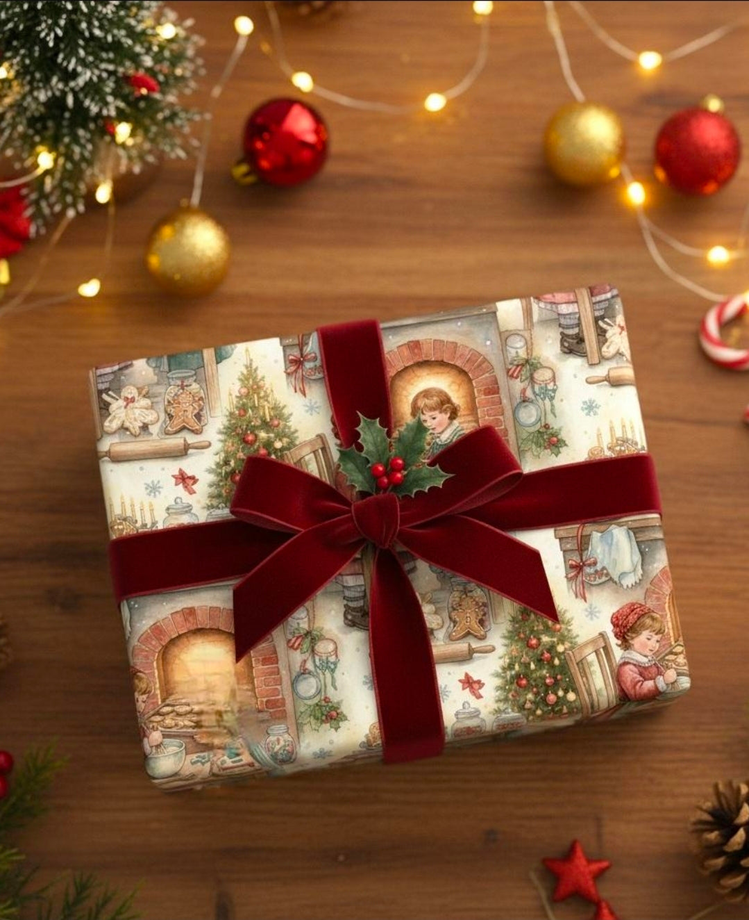 Vintage Kids Baking Cookies Wrapping Paper | Cute Christmas Gift Wrap | Retro Holiday Kitchen Theme | Nostalgic Xmas Paper | Festive Decor