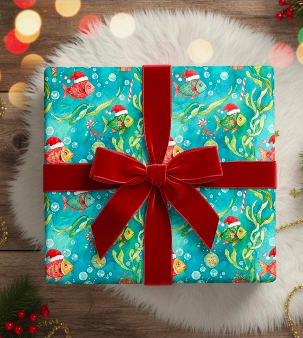 Underwater Fish Christmas Wrapping Paper | Cute Ocean Holiday Gift Wrap | Sea Life Xmas  | Coastal Christmas Decor | Beachy Holiday Wrap