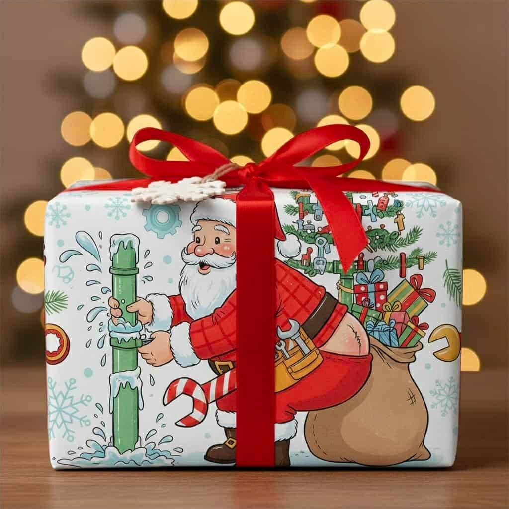 Funny Plumber Santa Wrapping Paper | Hilarious Christmas Gift Wrap for Plumbers | Gag Gift for Him | Plumbing Humor Holiday Paper