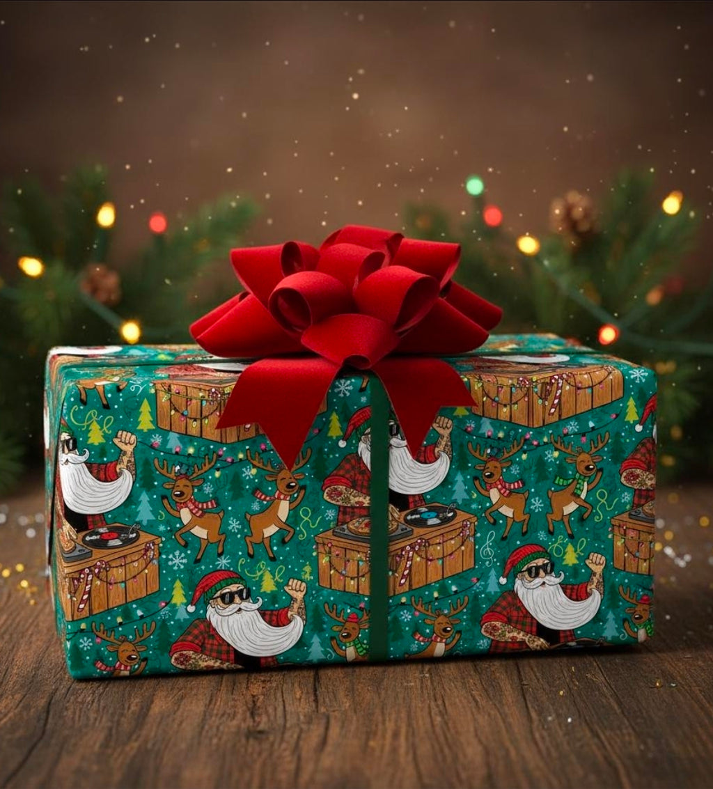 Christmas Wrapping Paper, Santa Gift Wrap, Tattooed Claus, Funny Holiday Present, DJ Claus Paper, Festive Gift Wrap, Unique Xmas Wrap,