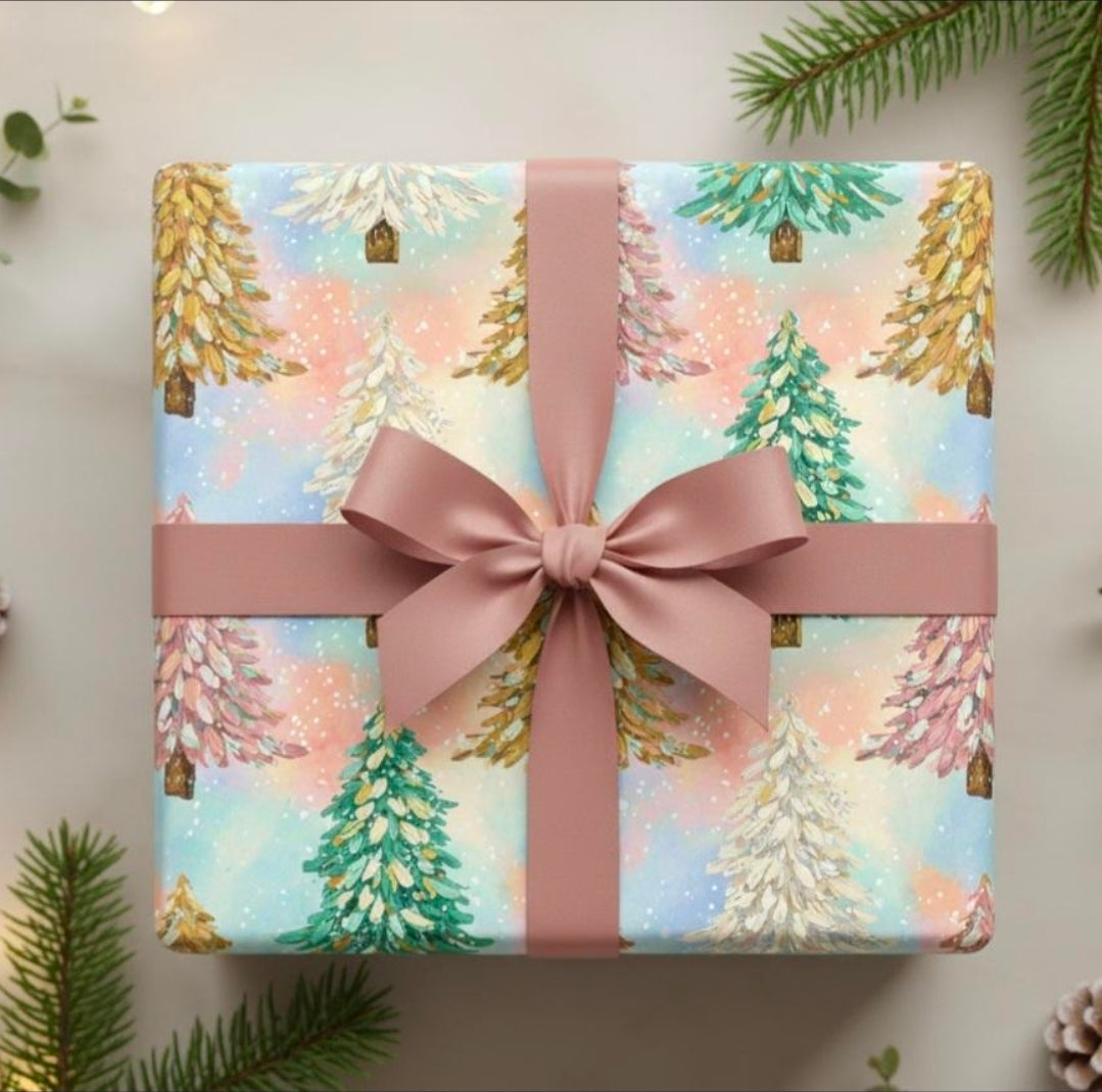 Pastel Watercolor Christmas Tree Wrapping Paper | Brush Stroke Gift Wrap | Modern Minimal Holiday Paper | Soft Aesthetic Xmas Decor