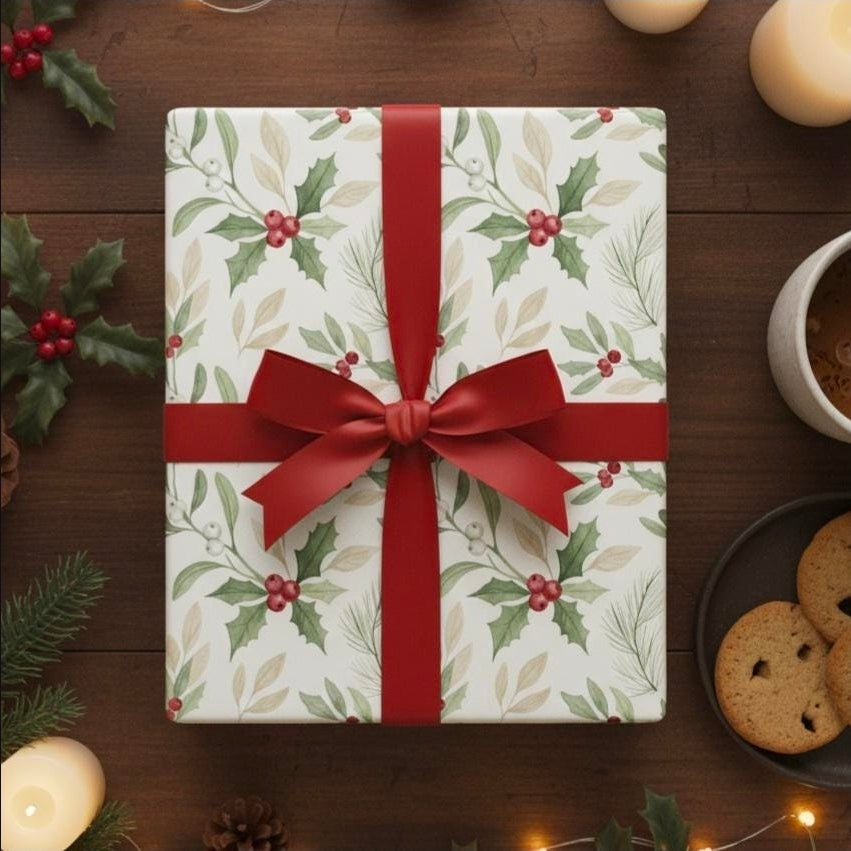 Christmas Wrapping Papers, Cute Watercolor Holly & Berries Design, Holiday Gift Wrap, Festive Presents, Seasonal Gift Wrap, Xmas Decoration