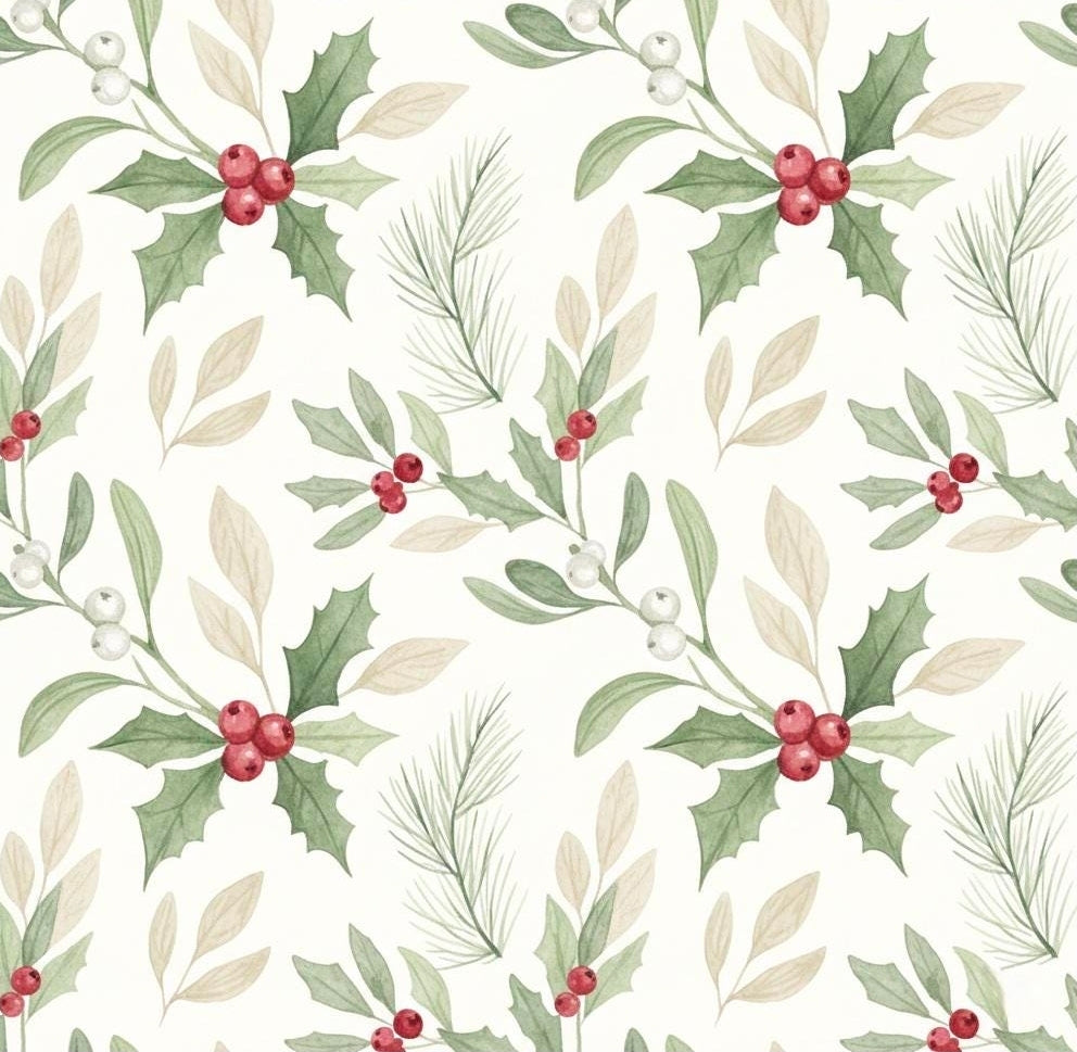 Christmas Wrapping Papers, Cute Watercolor Holly & Berries Design, Holiday Gift Wrap, Festive Presents, Seasonal Gift Wrap, Xmas Decoration