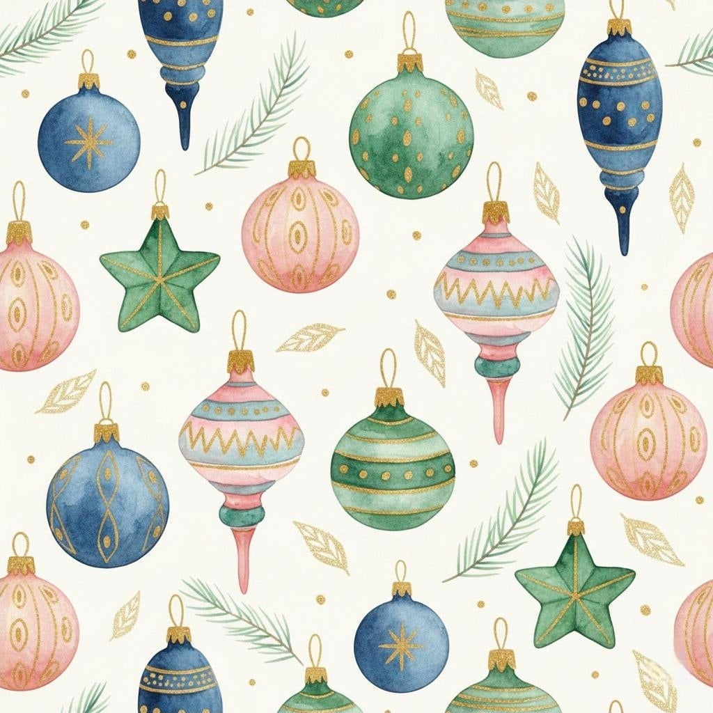 Watercolor Christmas Ornaments Wrapping Paper | Elegant Holiday Gift Wrap | Festive Xmas Paper | Pastel Ornament Design | Artistic Decor