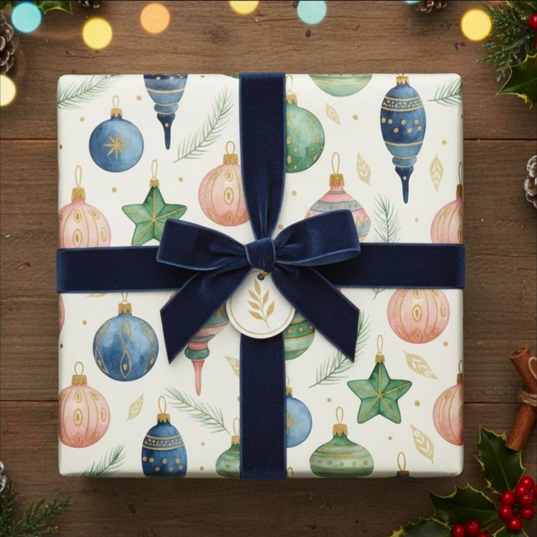 Watercolor Christmas Ornaments Wrapping Paper | Elegant Holiday Gift Wrap | Festive Xmas Paper | Pastel Ornament Design | Artistic Decor