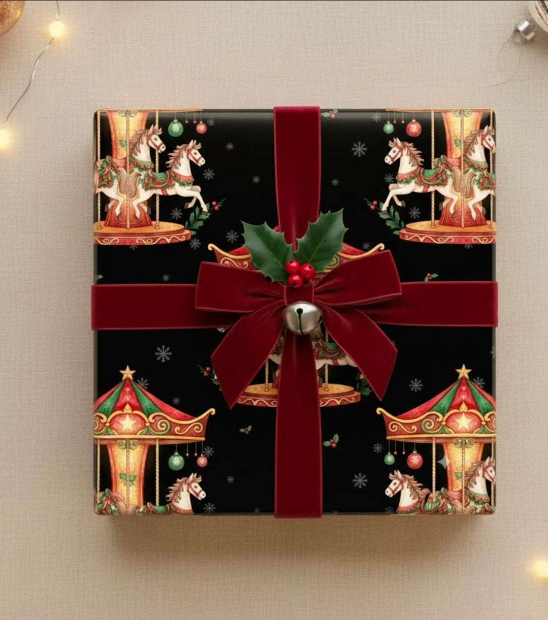 Gift Wrap Paper, Cute Holiday Present Decoration, Christmas Horse Carousel Wrapping Sheets, Festive Packaging, Xmas Craft Supplies