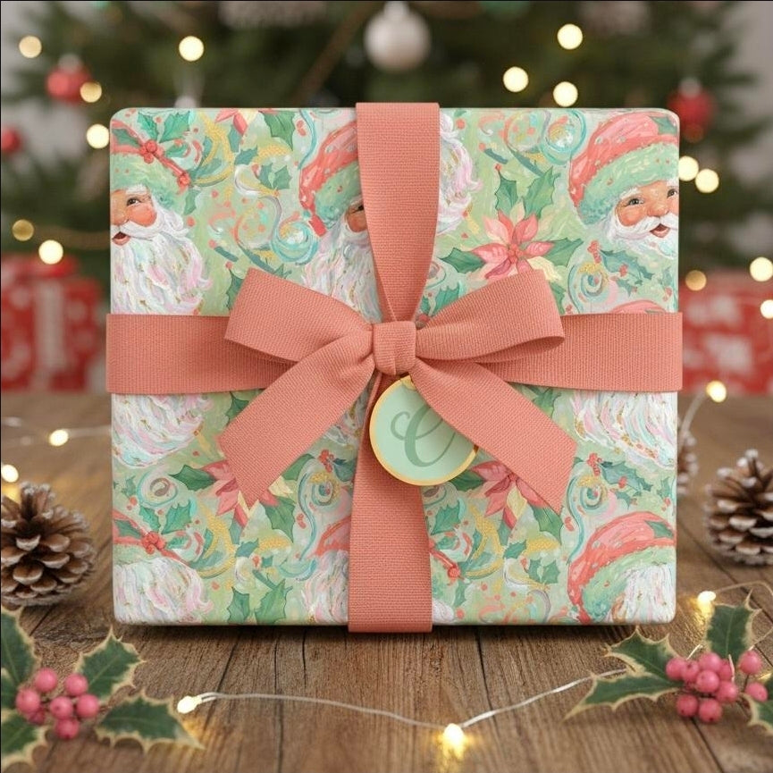 Pastel Watercolor Santa Wrapping Paper | Oil Painting Style Gift Wrap | Soft Christmas Art Paper | Elegant Holiday Decor | Vintage Xmas Wrap