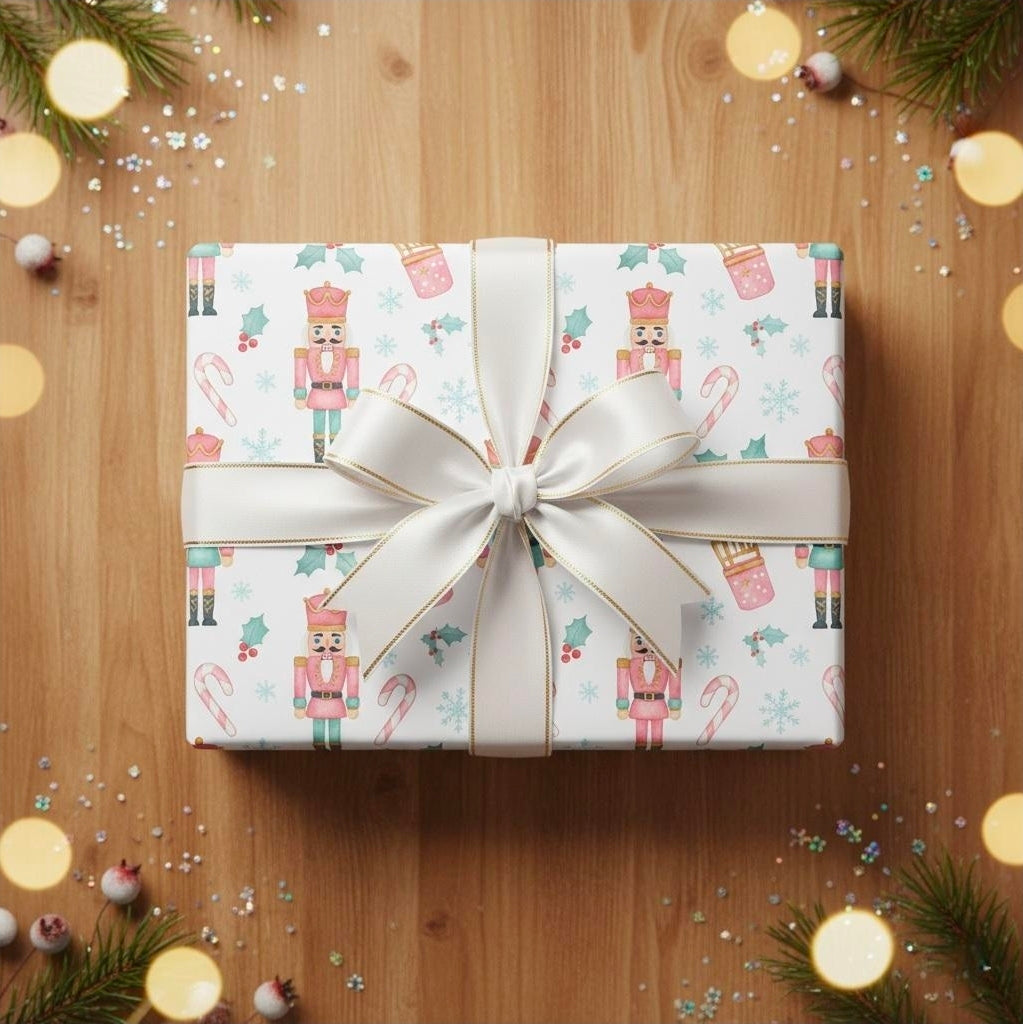 Pastel Nutcracker Christmas Wrapping Paper | Elegant Holiday Gift Wrap | Ballerina Christmas Theme | Pink and Mint Nutcracker Wrapping Paper