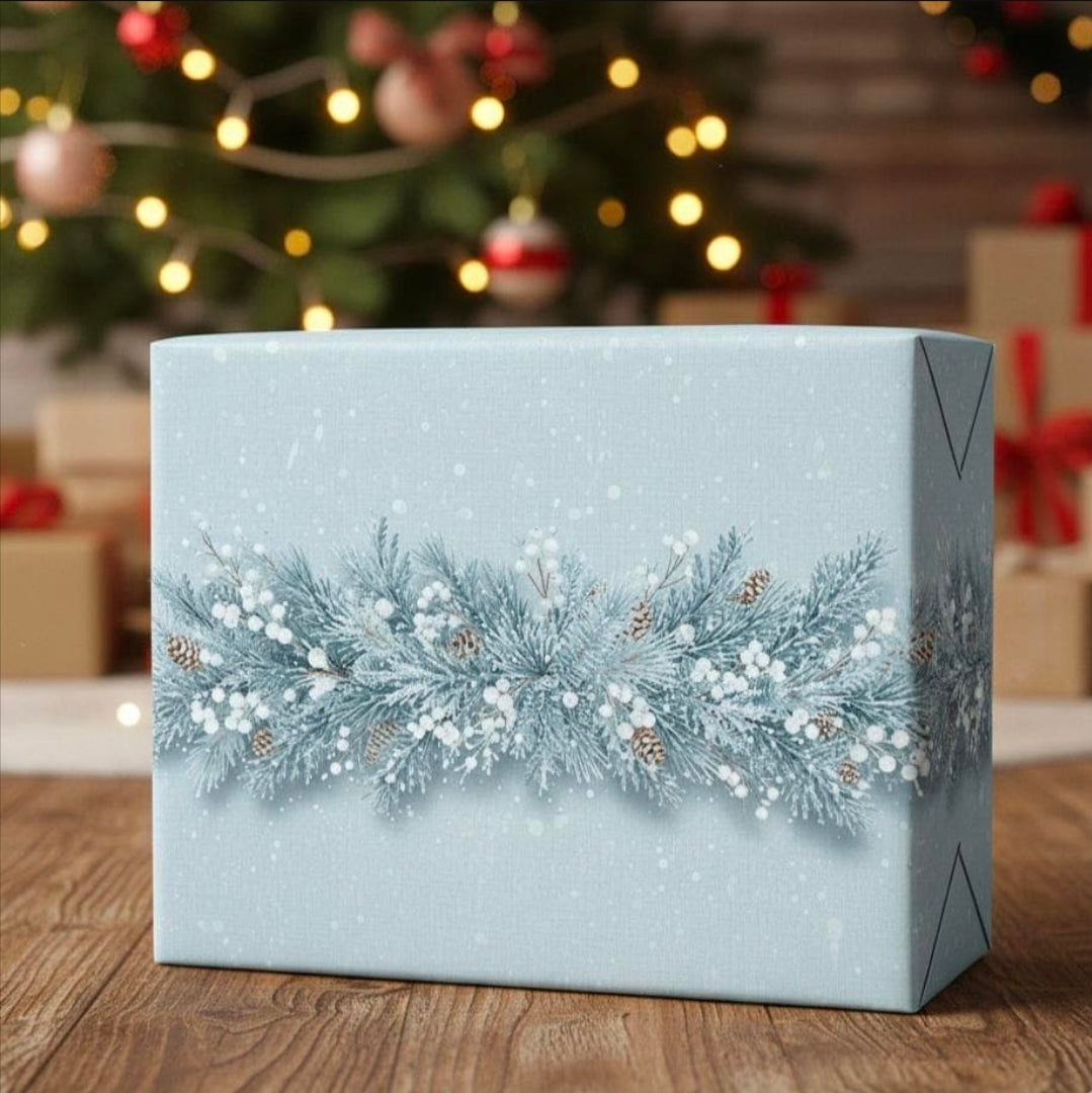 Winter Pine Cones Wrapping Papers | Blue Snowy Evergreen Pattern