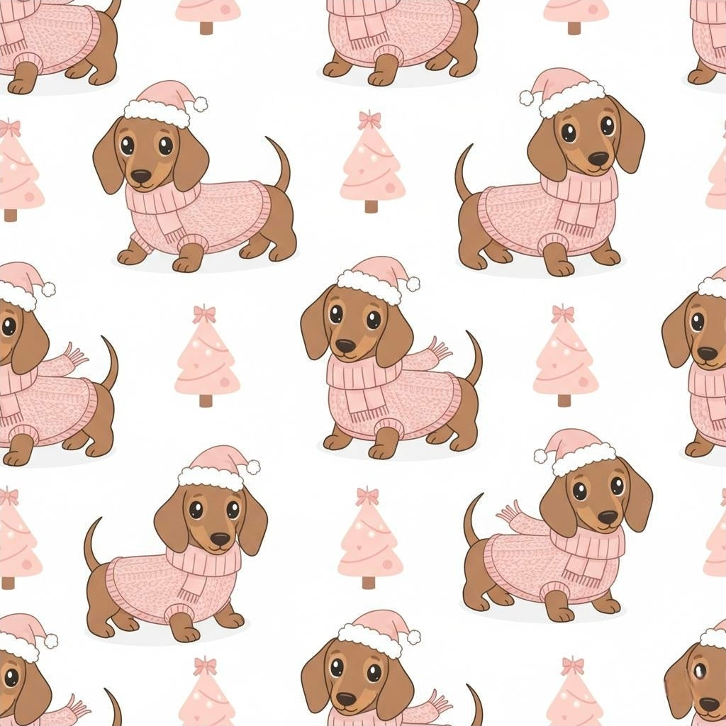 Pink Christmas Dachshund Puppies Wrapping Papers, Holiday Gift Wrap Roll for Dog Lovers, Girly Style Presents, Festive Santa Hats, Scarves,