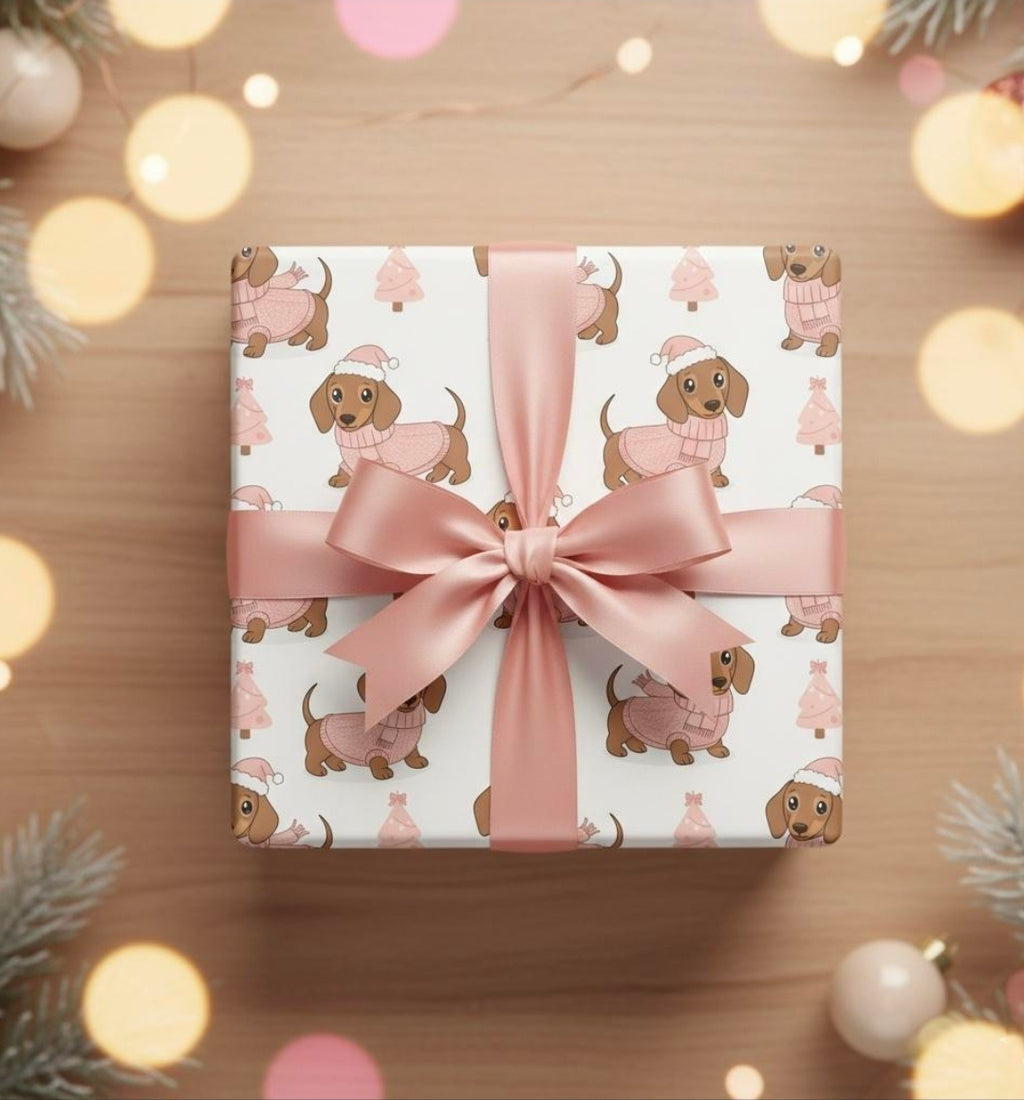 Pink Christmas Dachshund Puppies Wrapping Papers, Holiday Gift Wrap Roll for Dog Lovers, Girly Style Presents, Festive Santa Hats, Scarves,