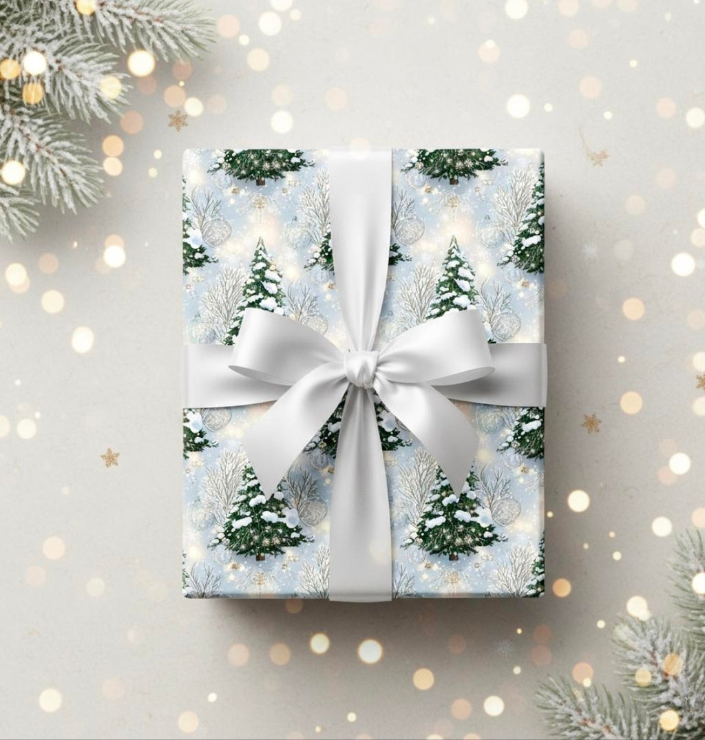 Wrapping Papers, Elegant Winter Wonderland Christmas Trees Gift Wrap, Snowy Holiday Ornaments, Frosted Pines, Festive Present Packaging,