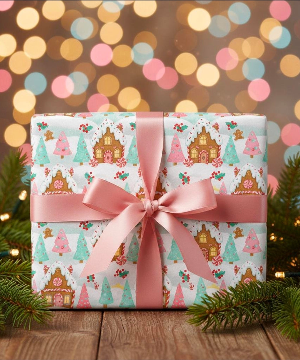 Wrapping Papers - Pastel Pink Gingerbread Sweet Christmas Gift Wrap Candy House Holiday Design, Gift Wrap, Christmas Gift Wrap, Holiday