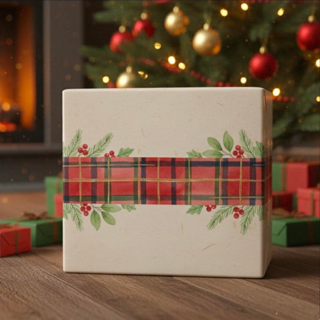 Red Tartan Plaid with Holly Wrapping Paper | Holiday Gift Wrap