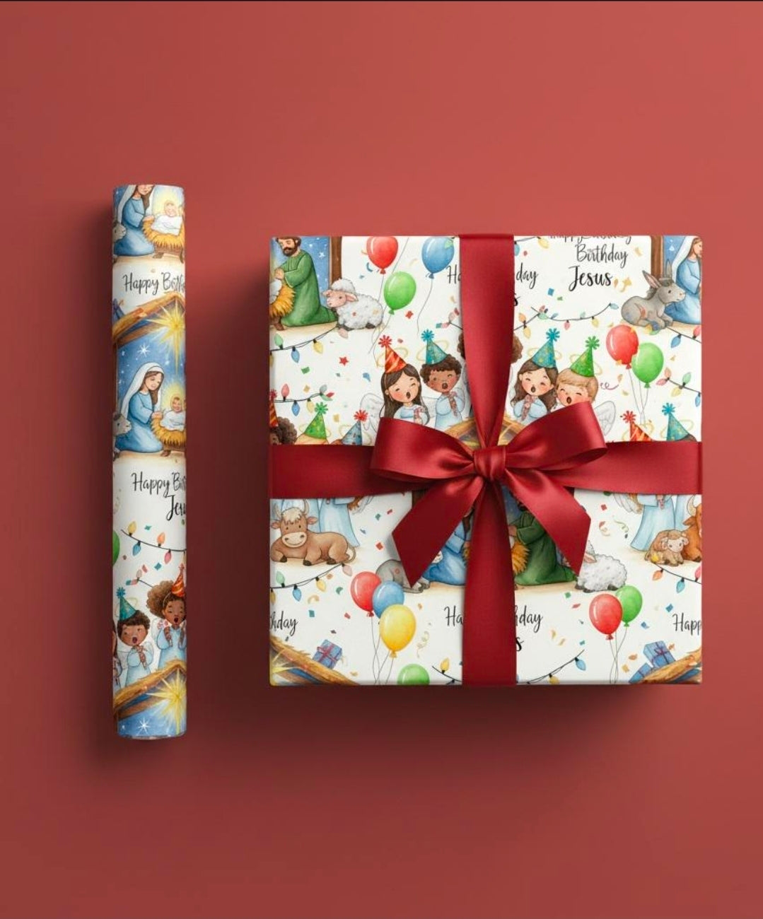 Christian Christmas Wrapping Paper featuring Baby Jesus in the Manger with Angels Singing and Birthday Hats Celebration
