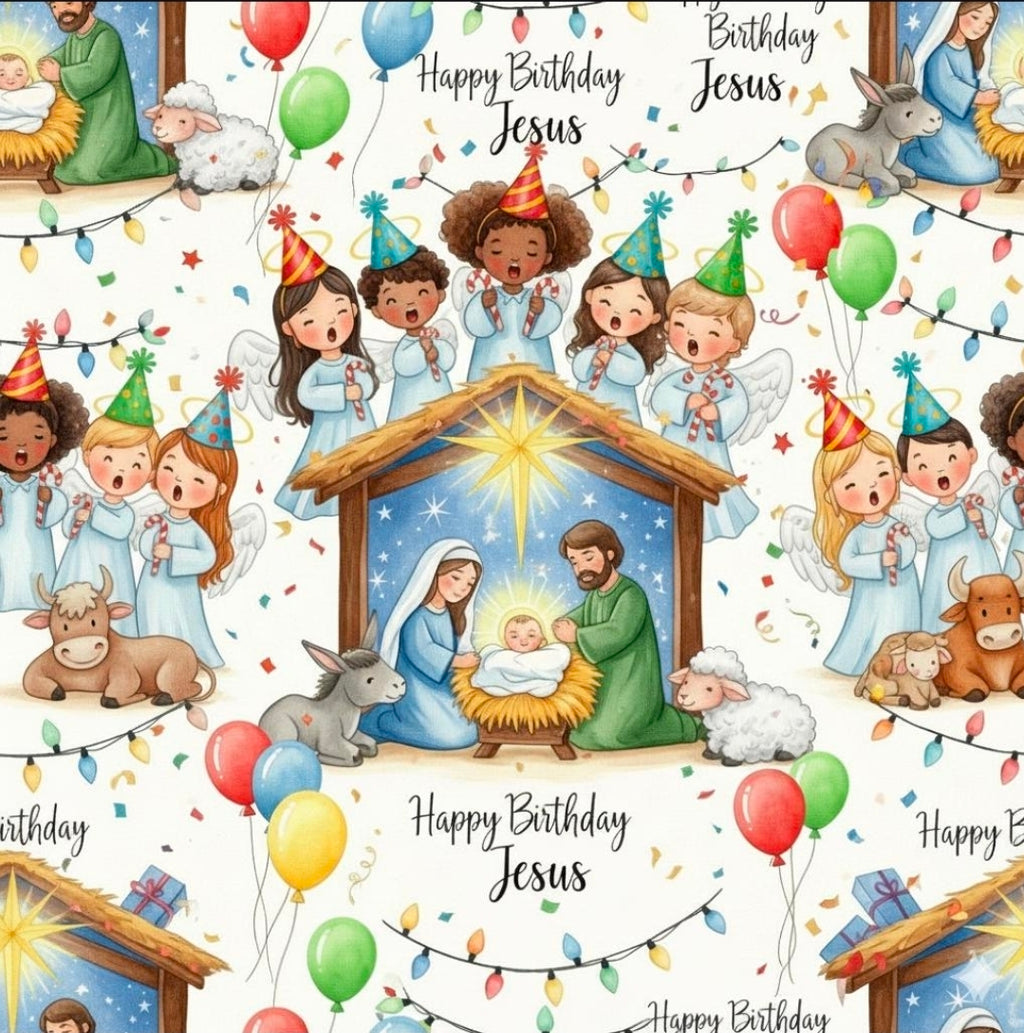 Christian Christmas Wrapping Paper featuring Baby Jesus in the Manger with Angels Singing and Birthday Hats Celebration