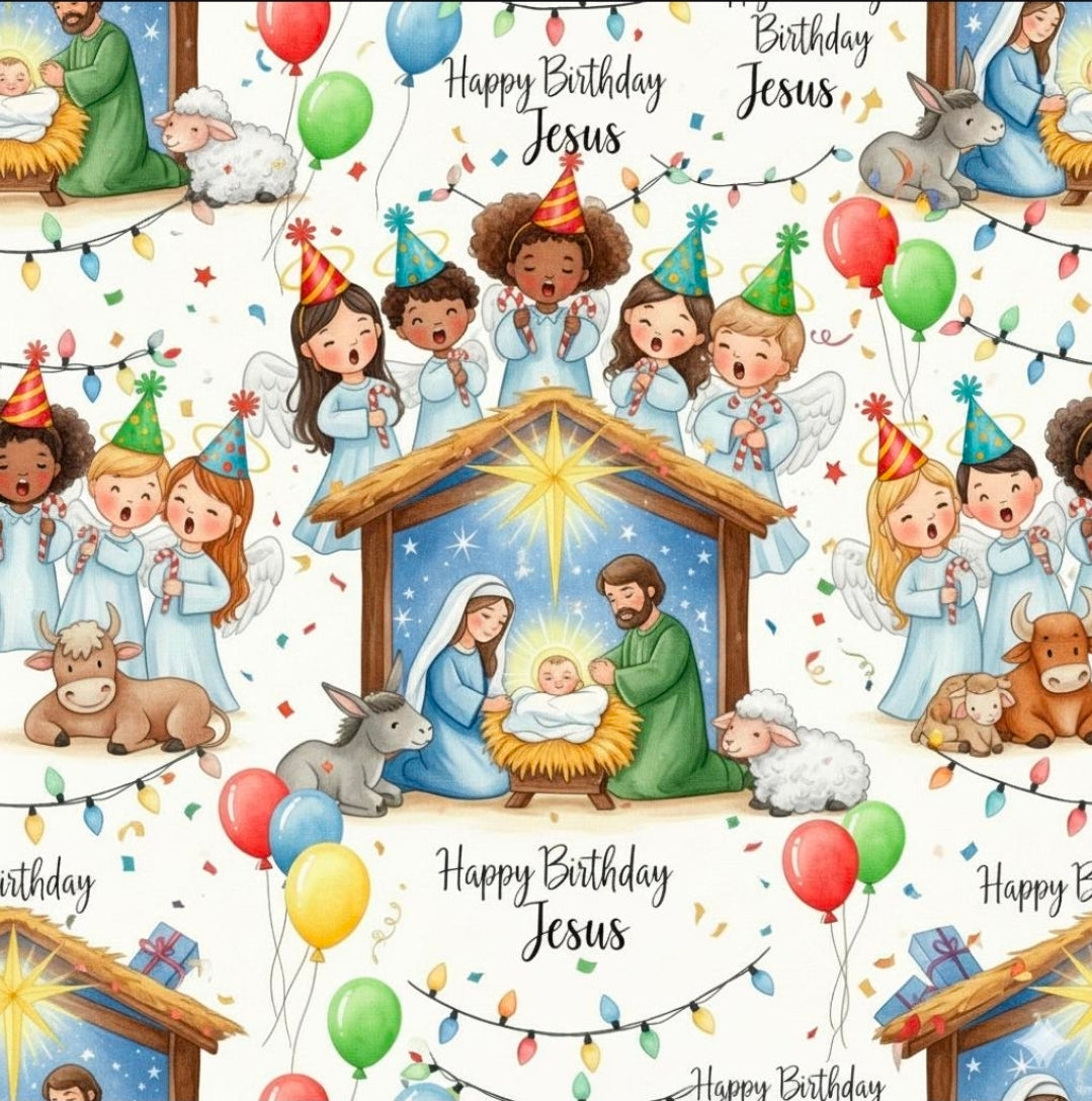 Christian Christmas Wrapping Paper featuring Baby Jesus in the Manger with Angels Singing and Birthday Hats Celebration