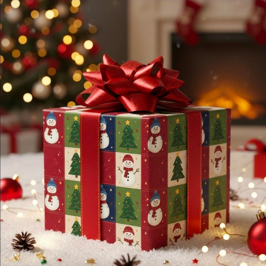 Snowman & Christmas Quilt Tree Wrapping Paper | Holiday Pattern Roll