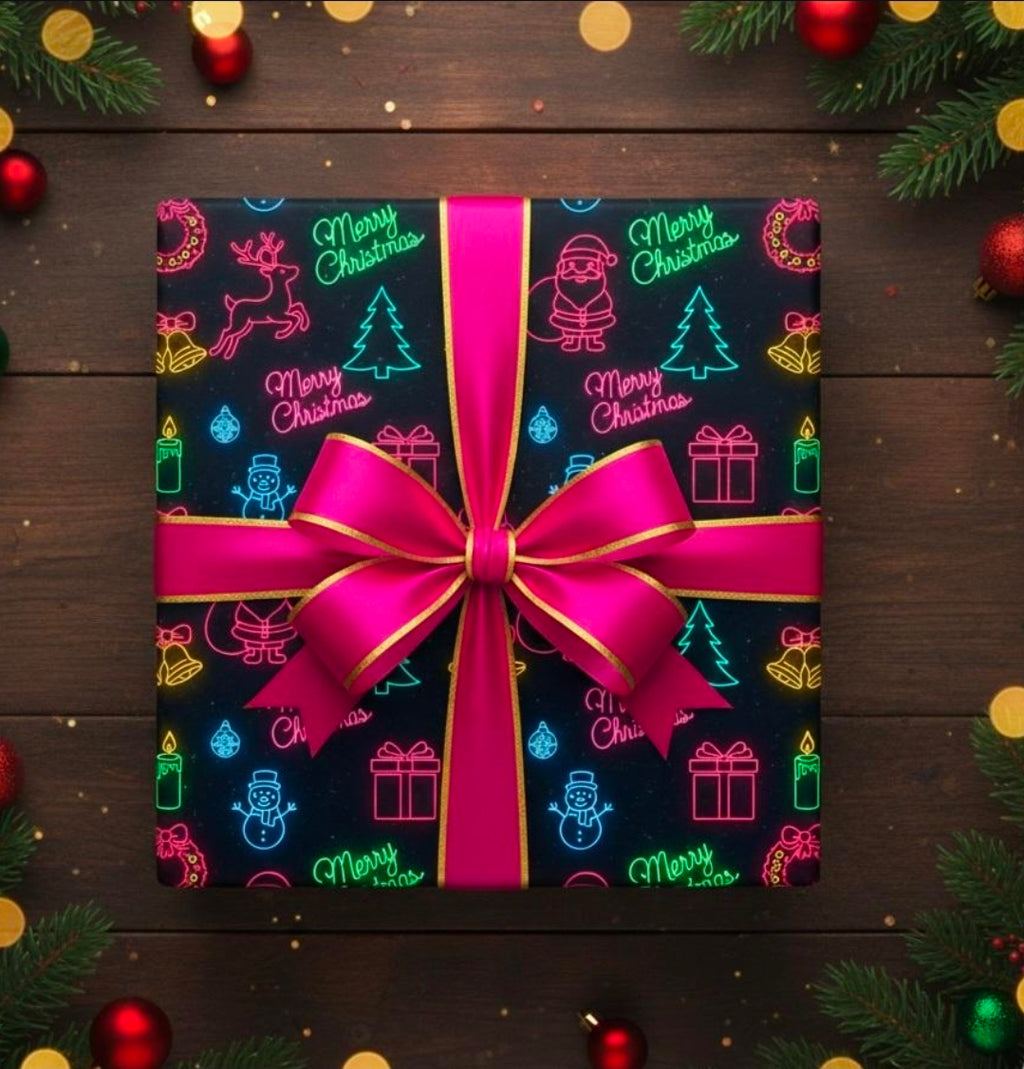 Black Neon Christmas Wrapping Paper | Trendy Teen Gift Wrap | Modern Holiday Paper | Bright Reindeer Wreath Candle  Festive Xmas Decor
