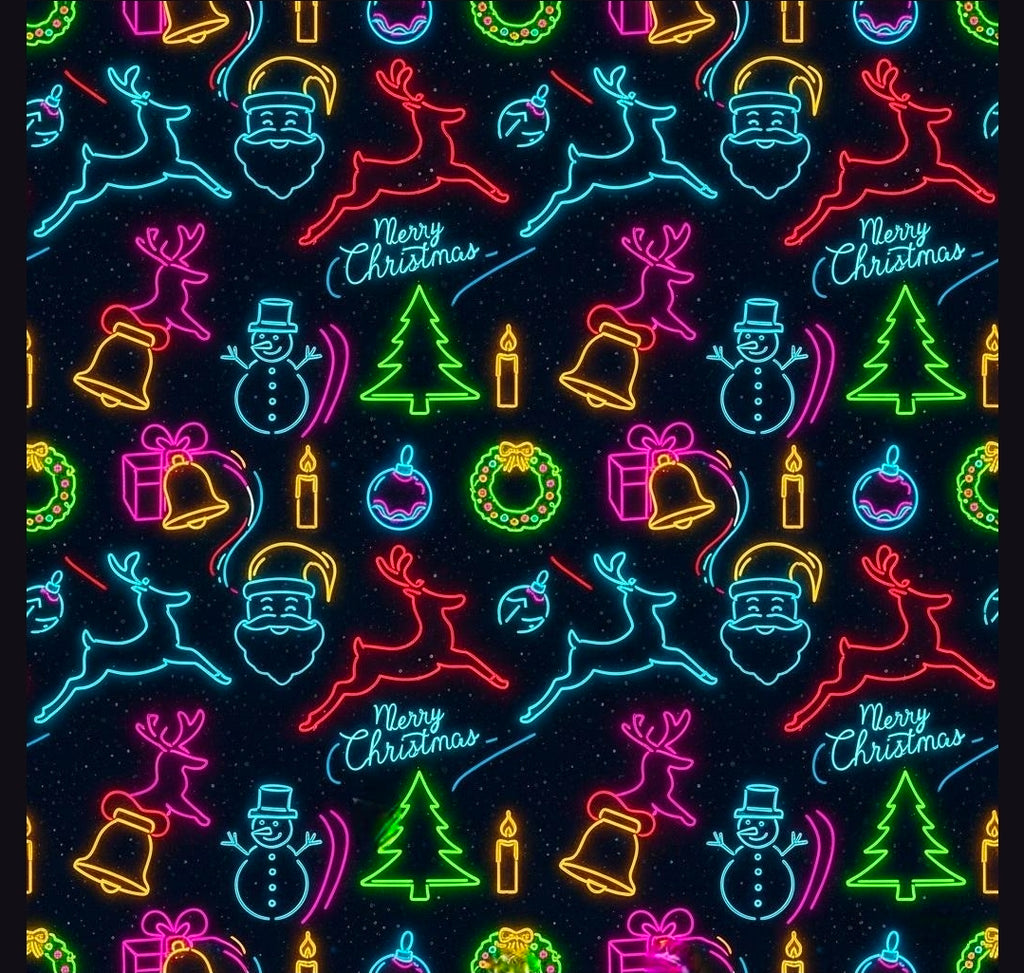 Black Neon Christmas Wrapping Paper | Trendy Teen Gift Wrap | Modern Holiday Paper | Bright Reindeer Wreath Candle  Festive Xmas Decor