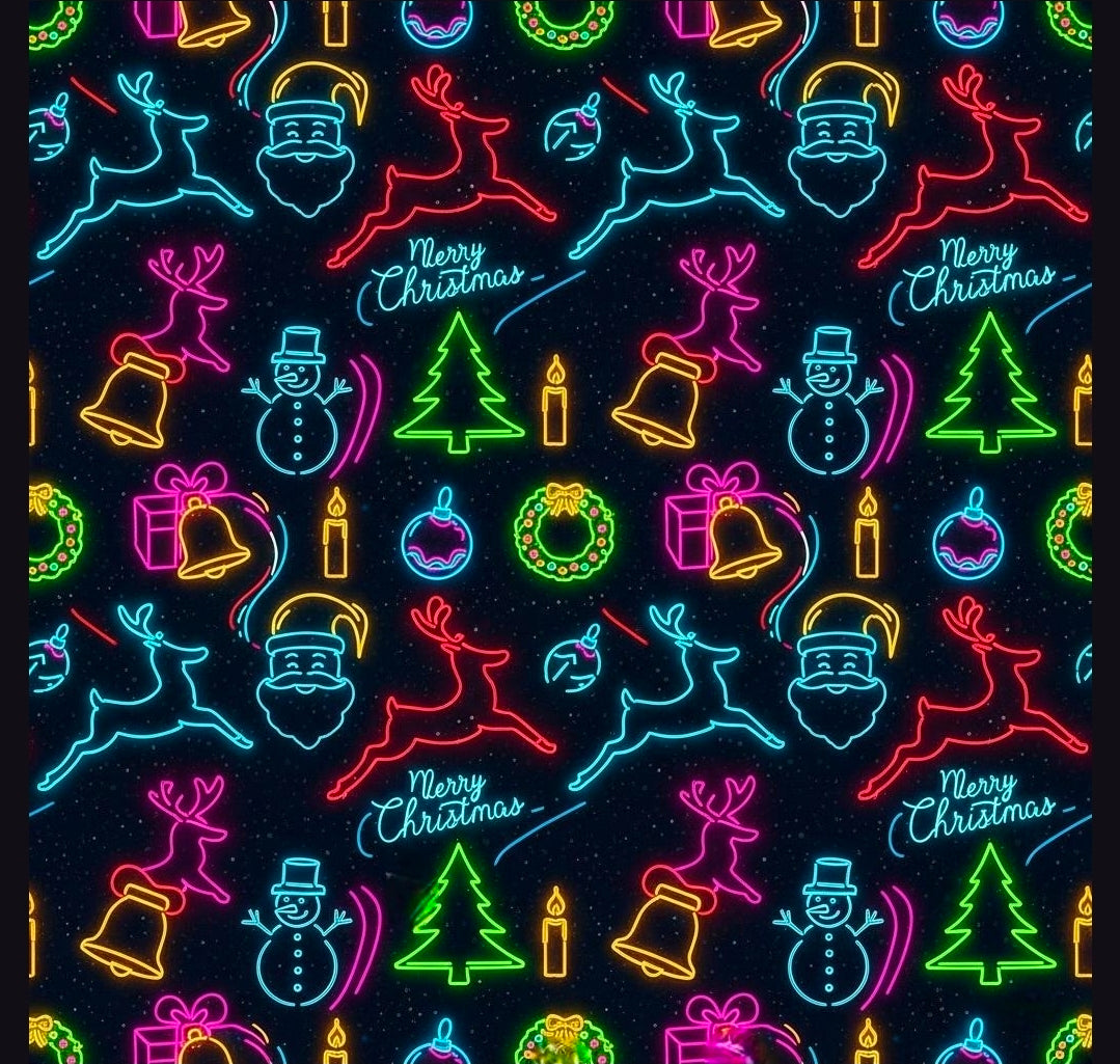 Black Neon Christmas Wrapping Paper | Trendy Teen Gift Wrap | Modern Holiday Paper | Bright Reindeer Wreath Candle  Festive Xmas Decor