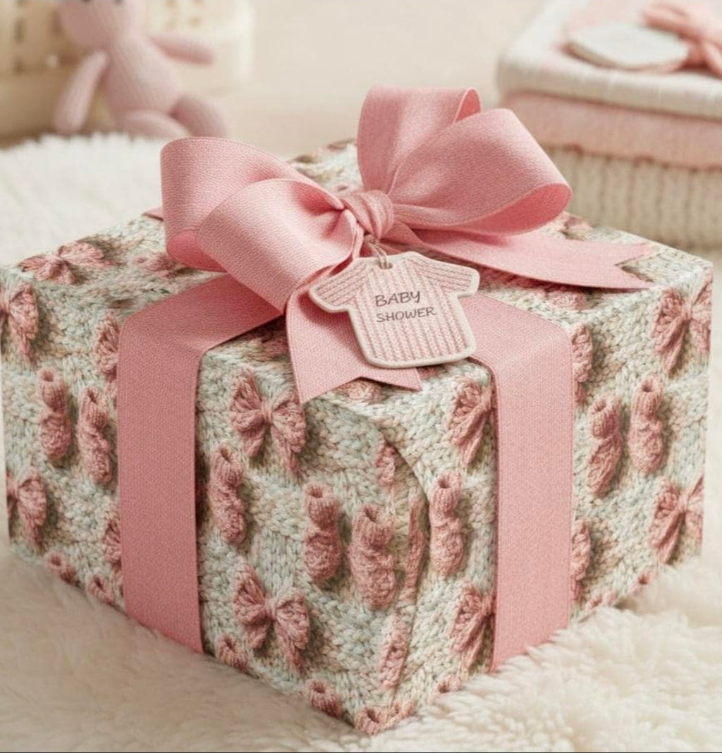 Knit Baby Shower Girl Wrapping Paper | Cozy Cable Knit Print