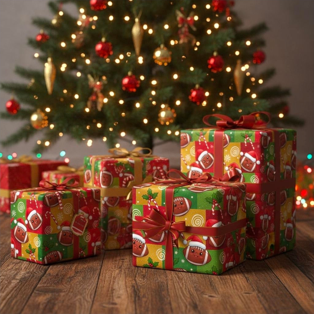 Christmas Football Wrapping Paper - Santa Hats & Snowflakes, Sports Fan Holiday Gift Wrap