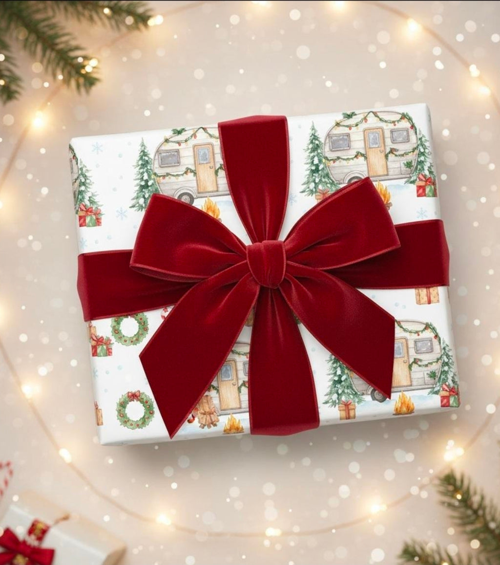 Vintage Christmas Camper Wrapping Paper  Retro Holiday Gift Wrap, Festive Trailer Christmas Paper