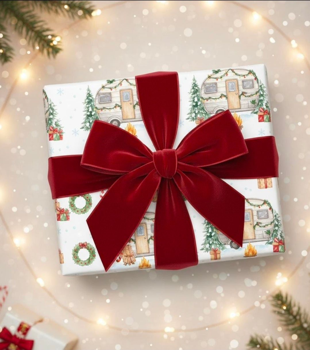 Vintage Christmas Camper Wrapping Paper  Retro Holiday Gift Wrap, Festive Trailer Christmas Paper