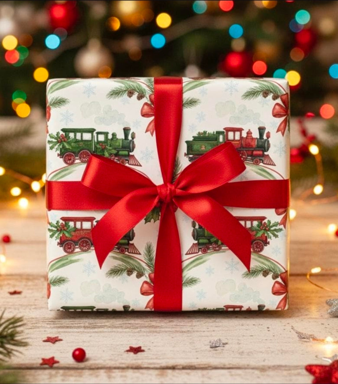 Vintage Christmas Train Wrapping Paper | Holiday Gift Wrap for Boys or Him | Classic Retro Xmas Paper | Festive Winter Train Theme