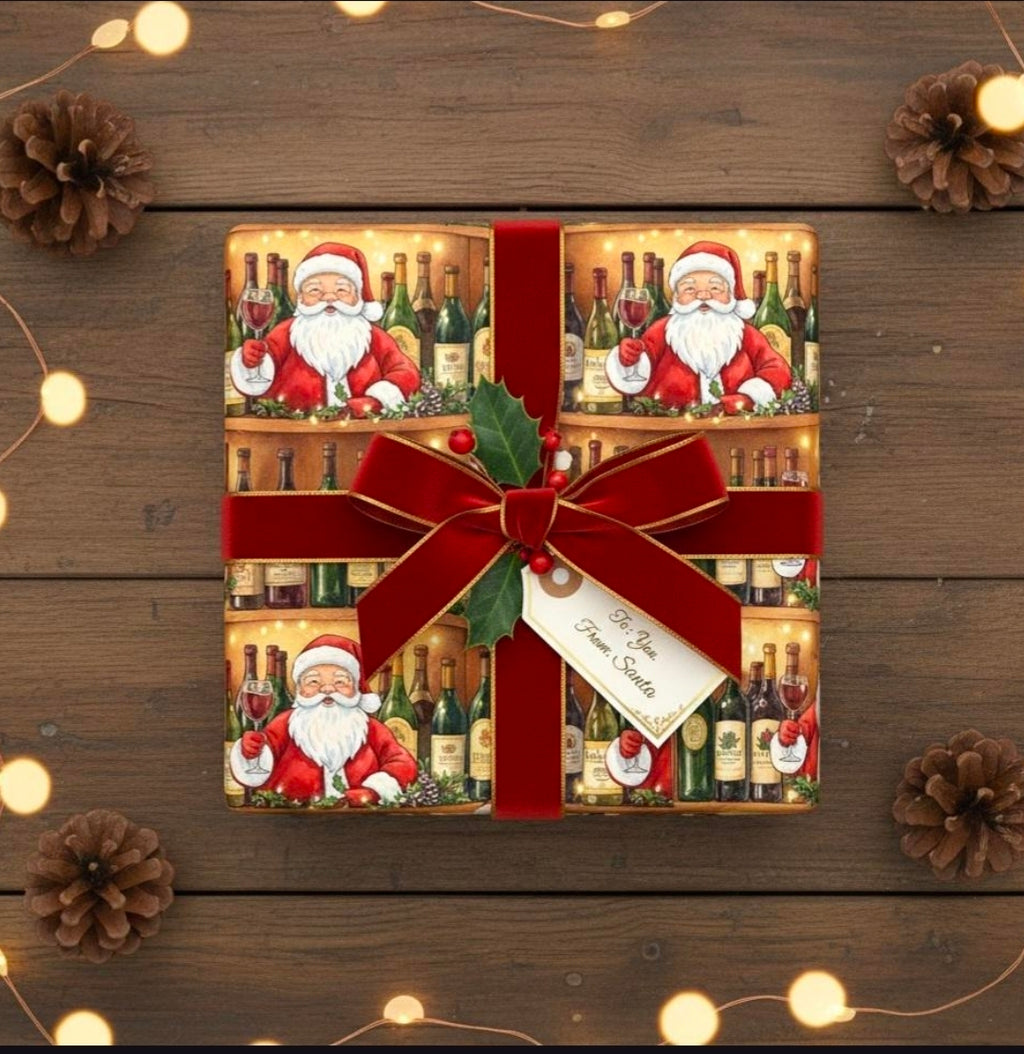 Holiday Santa in the Wine Cellar Wrapping Paper, Christmas Gift Wrap, Festive Wine Lover Present Wrap, Sophisticated Holiday Decor,