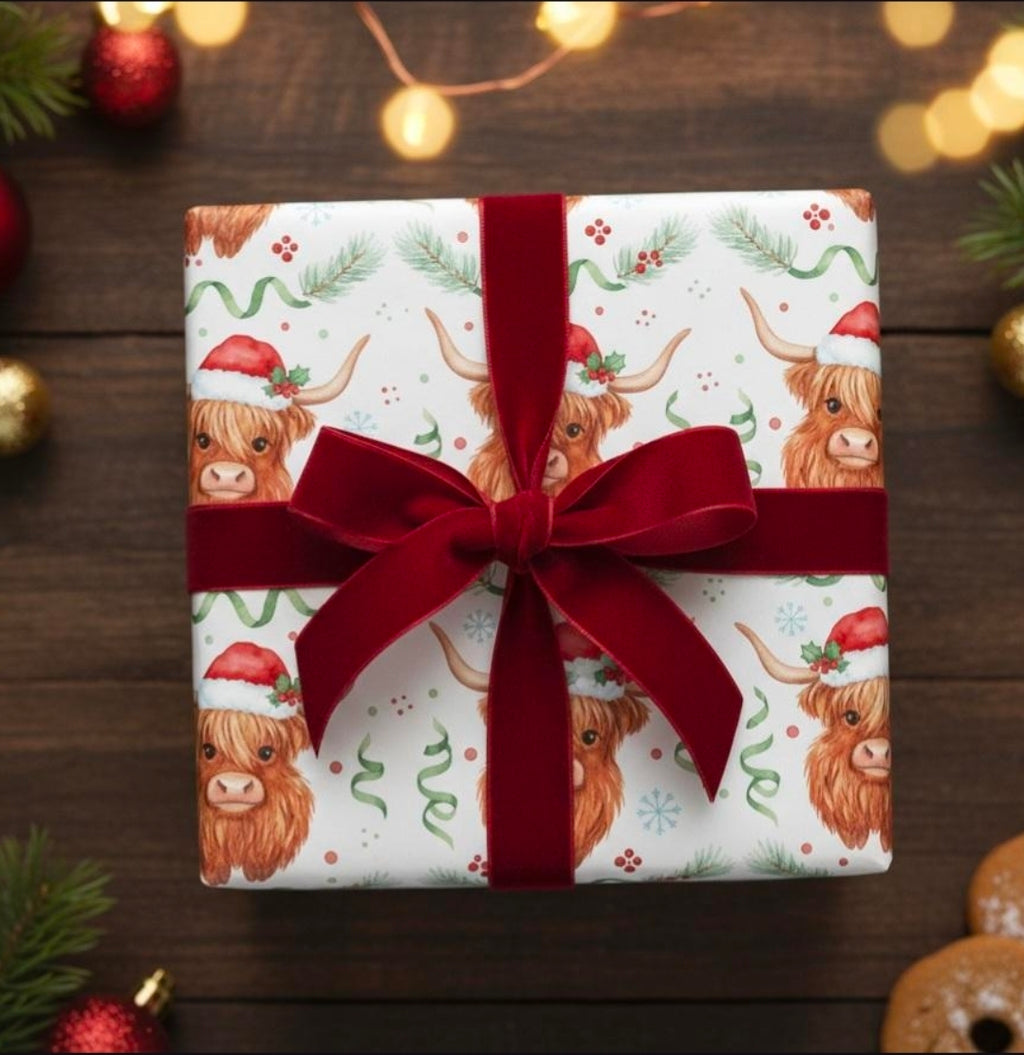 Cute Highland Cow Christmas Wrapping Paper | Farmhouse Holiday Gift Wrap | Country Xmas Decor | Rustic Cow Print | Festive Winter Wrap