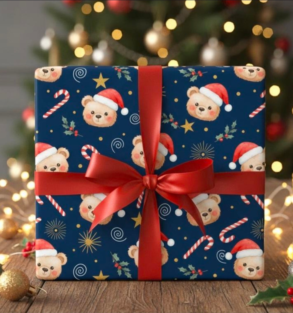 Teddy Bear Christmas Wrapping Paper | Cute Navy Blue Holiday Gift Wrap | Festive Bear Design | Cozy Winter Xmas Wrap | Classic Christmas