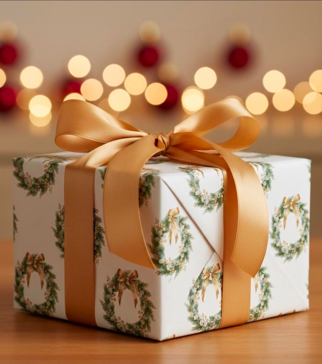 Elegant Gold and Green Christmas Wreaths Wrapping Paper | Luxury Holiday Gift Wrap | Classy Winter Decor Pattern