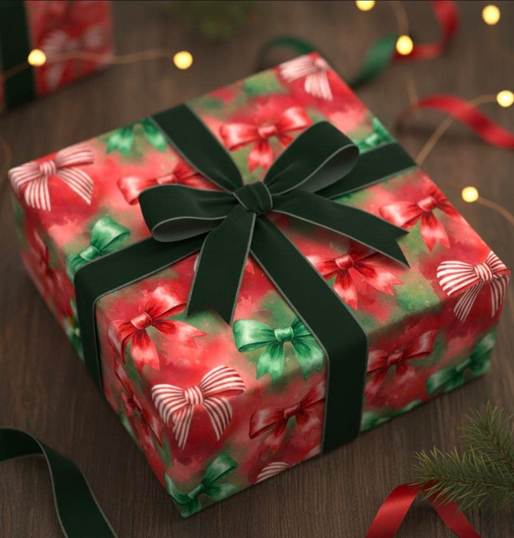Christmas Wrapping Paper, Festive Red Green Bows Holiday Gift Wrap for Family Friends Teachers, Watercolor Design