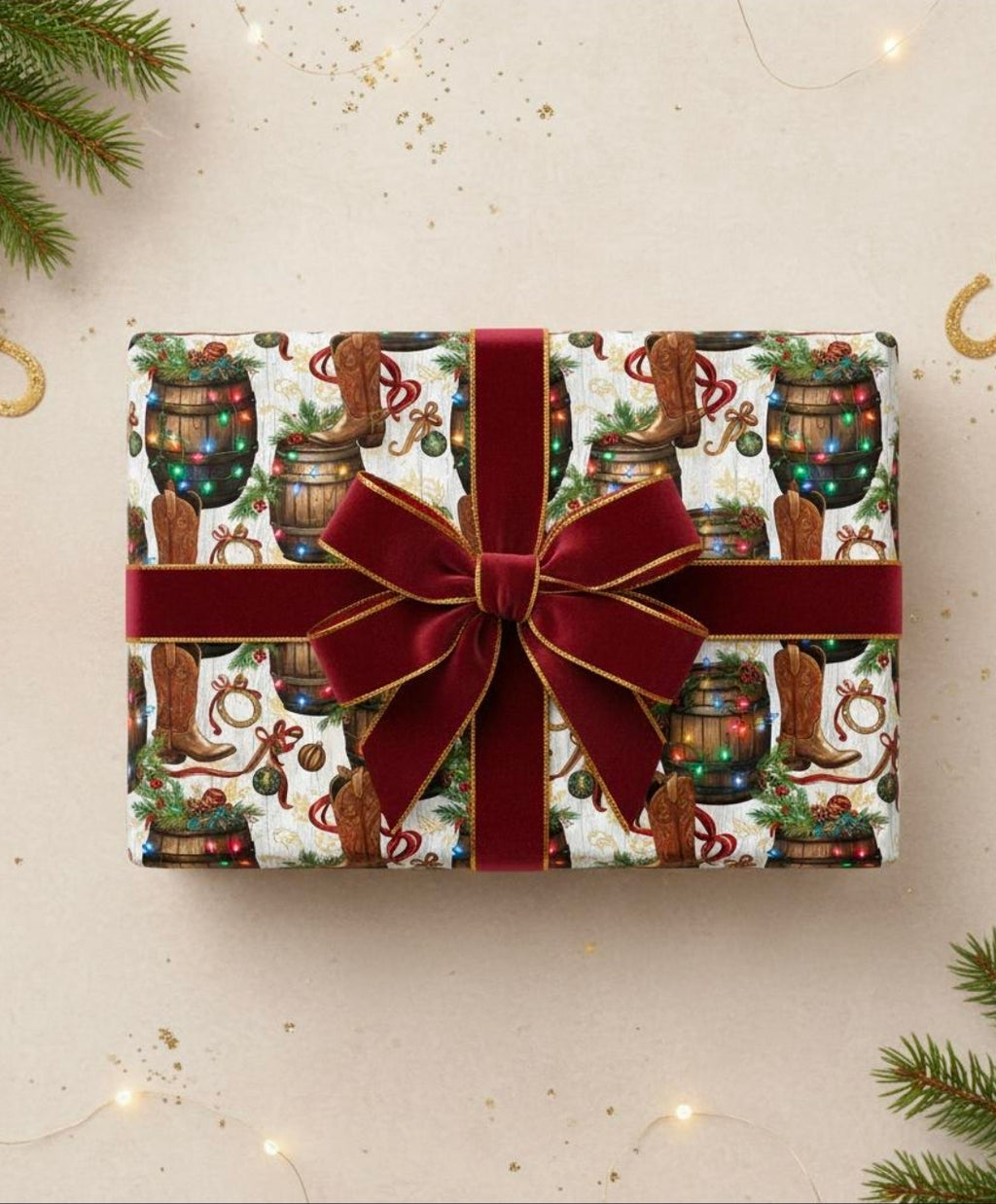 Cowboy Boots Christmas Wrapping Papers, Country Western Holiday Gift Wrap, Rustic Party Supplies, Unique Festive Packaging, Colorful Lights