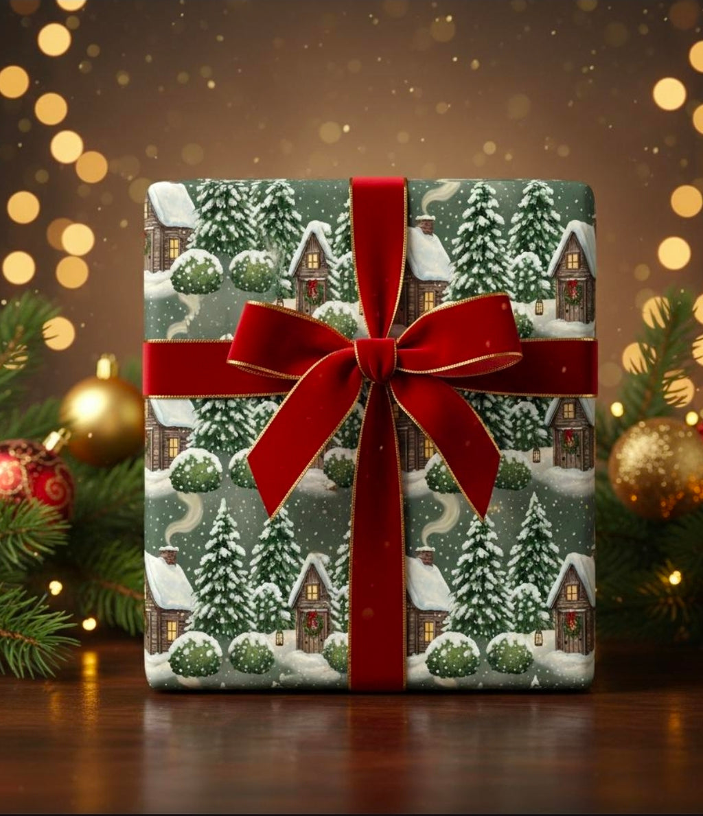 Wrapping Papers: Winter Wonderland Snowy Christmas Trees & Cozy Cabin Gift Wrap, Holiday Forest Theme, Festive Present Packing, Seasonal