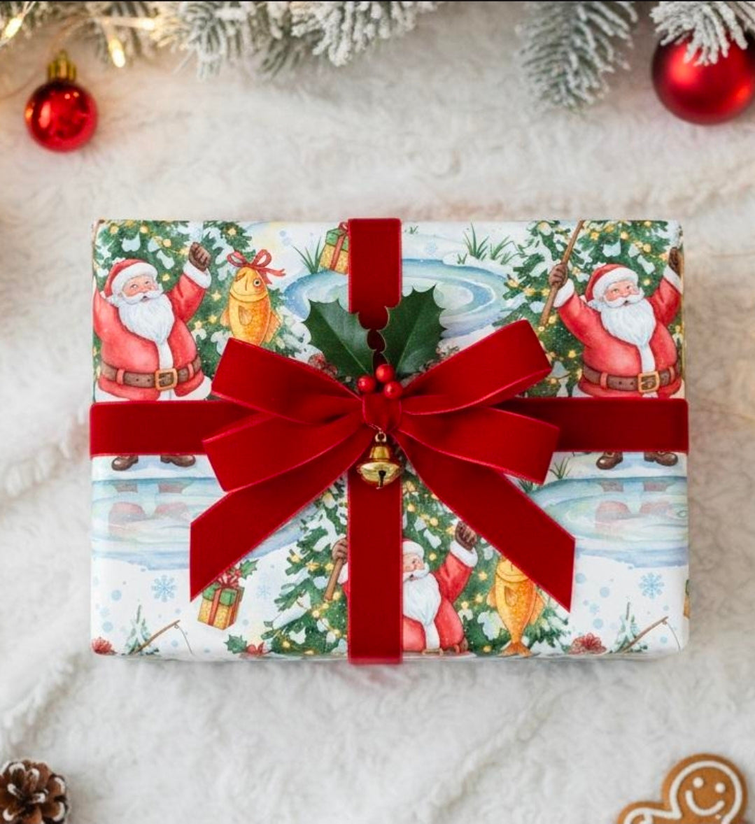 Santa Fishing Wrapping Paper | Funny Christmas Gift Wrap | Holiday Paper for Fishermen | Santa Catching Fish | Outdoor Xmas Gift Wrap