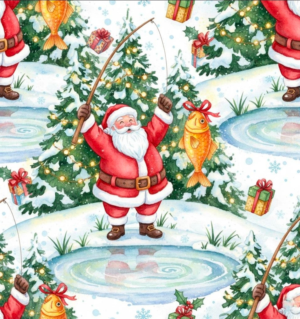 Santa Fishing Wrapping Paper | Funny Christmas Gift Wrap | Holiday Paper for Fishermen | Santa Catching Fish | Outdoor Xmas Gift Wrap
